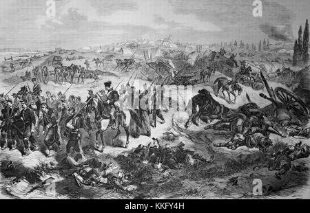 Le camp français à Beaumont sera attaqué par le ive Corps d'armée le 30 août, la guerre franco-allemande de 1870/71, guerre de 1870 ou la guerre franco-allemande, la guerre de 1870, un conflit entre le Second Empire de Napoléon III et les états allemands de la Confédération d'Allemagne du Nord dirigée par le royaume de Prusse, l'amélioration numérique reproduction d'une gravure sur bois originale Banque D'Images