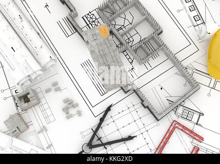 Foundation en construction avec grue, sur le dessus de plans Banque D'Images