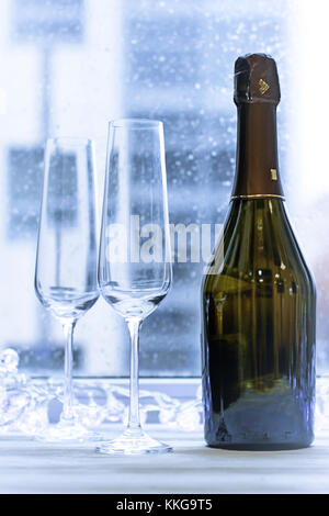 Deux verres et une bouteille Banque D'Images