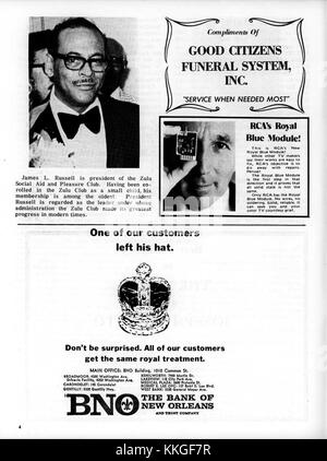 Le Zulu social Aid & Pleasure Club (SAPC) spécial mardi gras 1974 représente un événement historique et culturel à la Nouvelle-Orléans, mettant en valeur la contribution du Zulu Club aux festivités de mardi gras. Banque D'Images