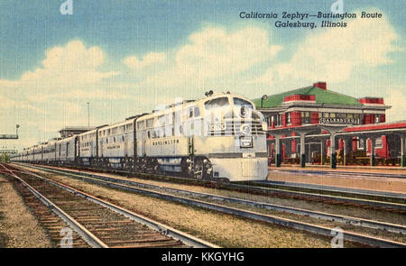 Le California Zephyr, un célèbre train de voyageurs longue distance, est vu ici à Galesburg, Illinois. Connu pour sa route panoramique, le Zephyr voyage entre Chicago et la côte ouest, offrant aux passagers une vue imprenable sur le paysage américain. Banque D'Images