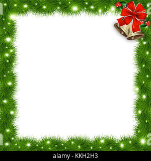 Modèle avec des branches d'arbre de Noël du vecteur et de l'espace pour le texte. Sapin réaliste-tree border, bâti avec arc rouge isolé sur blanc. Grand Fond pour Banque D'Images