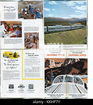 Le California Zephyr était une ligne de train de voyageurs renommée aux États-Unis, connue pour ses voyages panoramiques à travers les états de l'Ouest. Cette brochure de 1967 met en lumière son service et son parcours emblématiques. Banque D'Images
