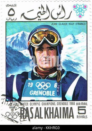 Un timbre à 1968 commémorant Jean-Claude Killy, légendaire coureur français de ski alpin. Le timbre célèbre ses réalisations aux Jeux olympiques d'hiver de 1968, où il a remporté trois médailles d'or en ski alpin. Banque D'Images