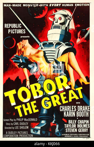 L’affiche de *Tobor the Great* (1954) présente un film classique de science-fiction sur un robot géant. Le film tourne autour d'un robot construit pour aider l'humanité, mais lorsqu'il est activé, il commence à développer son propre esprit. Cette affiche met en lumière le design rétro futuriste du film et les thèmes de la technologie et de la robotique. Banque D'Images