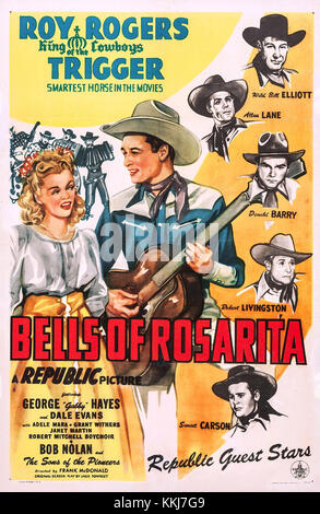 Les cloches de Rosarita est un film mettant en vedette Roy Rogers, une star de cow-boy populaire. Le film suit un thème occidental avec Roy Rogers dans le rôle principal. Le film présente l'aventure, l'action et la musique, typiques du genre occidental, mettant en valeur les tropes classiques de l'époque. Banque D'Images