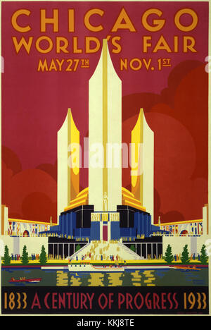 Affiche historique de l'exposition universelle de Chicago de 1933, également connue sous le nom d'exposition Century of Progress, présentant les thèmes modernistes et les innovations technologiques de la foire. Banque D'Images