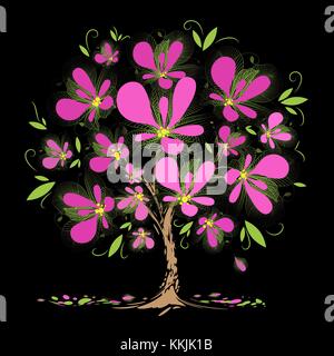 Arbre en fleur de l'art avec des fleurs roses sur fond noir Illustration de Vecteur