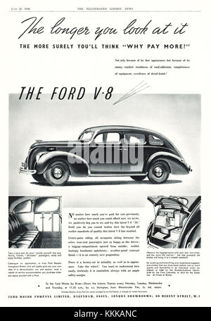 1938 Ford V-8 magazine britannique annonce Voiture Banque D'Images