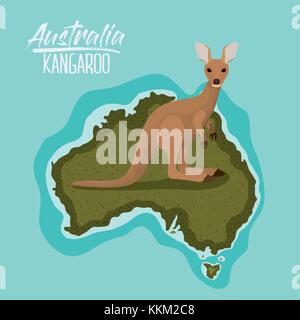 Poster kangourou en Australie site en vert entouré par l'océan Illustration de Vecteur