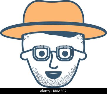 Visage Homme avec chapeau et lunettes et fade haut coupe de cheveux et barbe de couleur dans les sections d'ossature Illustration de Vecteur