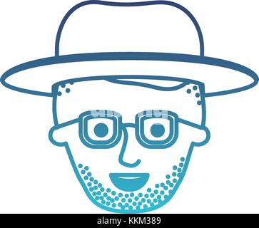 Visage Homme avec chapeau et lunettes et fade haut coupe de cheveux et barbe de dégradés en silhouette bleu Illustration de Vecteur