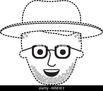 Visage Homme avec chapeau et lunettes et fade haut coupe de cheveux et barbe de silhouette en pointillé noir Illustration de Vecteur