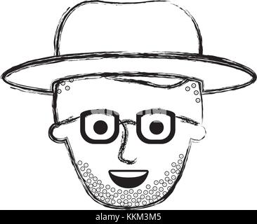 Visage Homme avec chapeau et lunettes et fade haut coupe de cheveux et barbe de silhouette floue en monochrome Illustration de Vecteur
