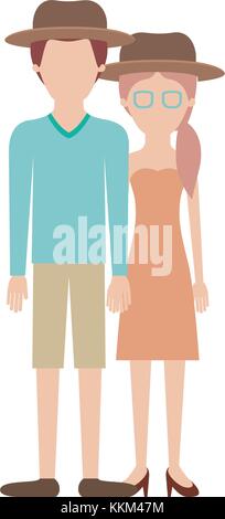 Couple sans visage silhouette colorée et les deux avec chapeau et lui avec chandail et pantalon court et de chaussures et sa robe sans bretelles avec des lunettes et chaussures de talon avec natte hairstyle Illustration de Vecteur