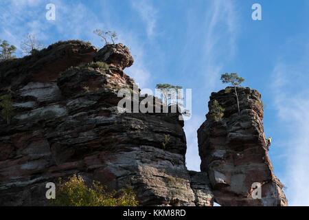 Scène d'escalade au bord de la pk, hochsteinnadel dahner felsenland, forêt palatine, Rhénanie-Palatinat, Allemagne, Banque D'Images