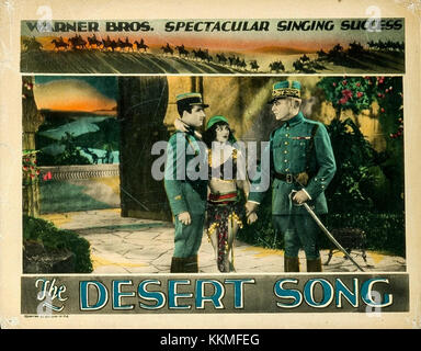 The Desert Song est un film de 1929, une aventure musicale sur un officier de la Légion étrangère française en Afrique du Nord. Cette carte du hall représente les moments clés du film, mettant en valeur les éléments dramatiques de l'histoire et son cadre dans le désert. Banque D'Images