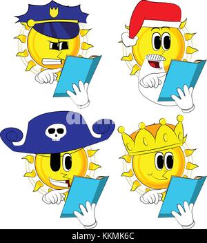 Lecture et sun cartoon pointant sur un livre ouvert. collection avec costume. expressions vector set. Illustration de Vecteur