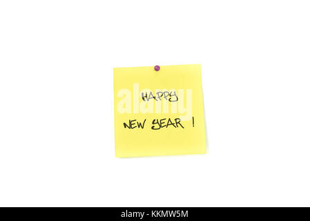 Poster jaune il note avec la broche : Bonne année Banque D'Images