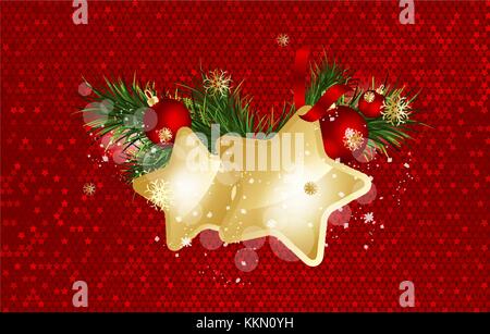 Fond de Noël avec des branches de sapin et d'étoiles d'or avec décorations. vector illustration Illustration de Vecteur