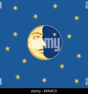 Illustration de la demi-lune avec le visage de profil et d'étoiles sur fond bleu Banque D'Images