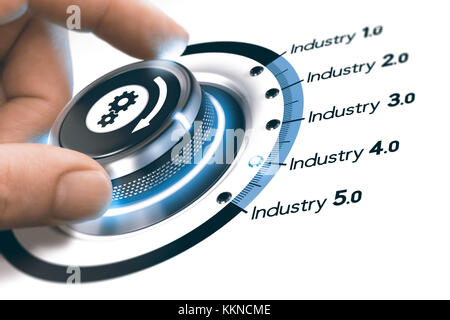 L'aide d'une molette à la main avec des engrenages icône sur fond blanc. concept de révolution industrielle et de l'industrie Mesures 4.0. composite image entre un photogr Banque D'Images