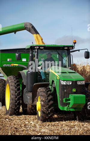 Moissonneuse-batteuse JOHN DEERE LE DÉCHARGEMENT EN MAÏS AUX WAGONS-TRÉMIES À UTICA, dans le Minnesota. Banque D'Images