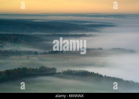 Brouillard matinal au-dessus de la vallée de Saale, Leuchtenburg, Seitenroda, Kahla, Thuringe, Allemagne Banque D'Images