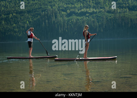 Couple stand up paddleboarding in river Banque D'Images