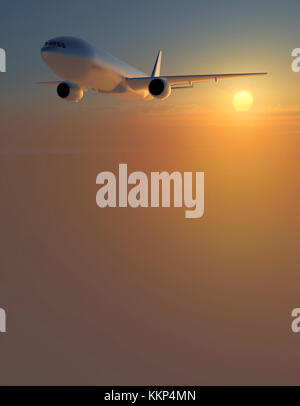 Vue aérienne d'un avion dans le ciel au coucher du soleil, rendu 3D. Banque D'Images