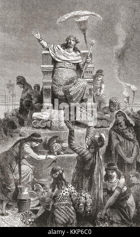 Croesus condamné à mort sur un bûcher funéraire par Cyrus le Grand. Croesus, roi de Lydie. Symbole de richesse pour les Grecs, il s'allia avec l'Egypte et la Babylone contre Cyrus le Grand de Perse. Vaincu et capturé, il fut condamné au bûcher funéraire, mais quand il invoqua le nom de Solon, Cyrus le pardonna et le nomma conseiller. Extrait de l'Histoire illustrée du monde de Ward and Lock, publié vers 1882. Banque D'Images