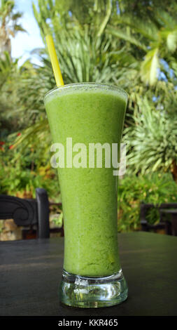 Vert sain des fruits, jus de légumes, jus dans un grand verre, contre l'arrière-plan flou de plantes tropicales. Banque D'Images