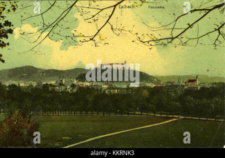 Cette carte postale montre une vue de Ljubljana, Slovénie, depuis le parc Tivoli, capturée en 1908. Il offre un aperçu du paysage historique de la ville au début du XXe siècle. Banque D'Images