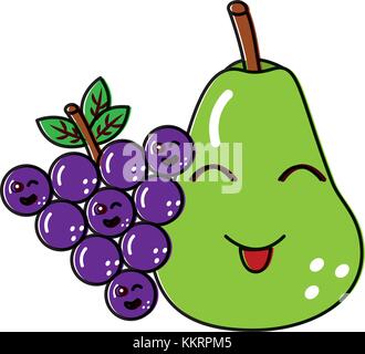 Kawaii poire et fruits raisins cartoon Illustration de Vecteur