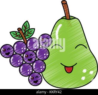 Kawaii poire et fruits raisins cartoon Illustration de Vecteur