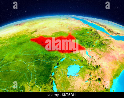 Vue satellite du Soudan du Sud surlignée en rouge sur la planète Terre. Illustration 3D. Éléments de cette image fournis par la NASA. Banque D'Images