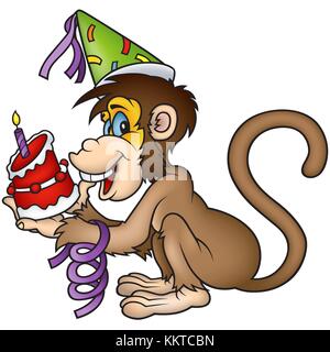 Monkey Holding birthday cake Illustration de Vecteur