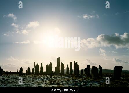 Le cercle de pierre préhistorique Callanish est de plus de 5000 ans. Hébrides écossaises de l'île Lewis. Coucher du soleil d'hiver Banque D'Images