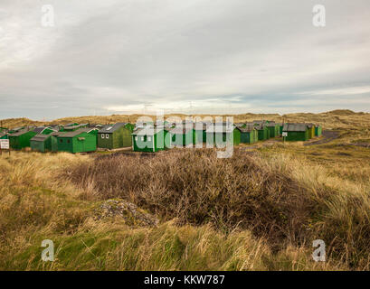 La couleur verte des huttes de pêcheurs à la Gare du Sud,Angleterre,Redcar,UK Banque D'Images