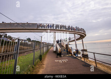 La foule rassemblée sur le pont à Chalkwell sur l''estuaire de la Tamise pour regarder les rêves de vapeur vapeur exploité trains remorqués de Southend Banque D'Images