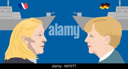 Novembre 1, 2017 editorial illustration d'un homme politique français, marine le Pen et le chancelier de l'Allemagne Angela Merkel portraits sur les forces militaires Illustration de Vecteur