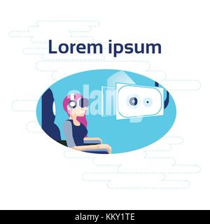 Femme en simulateur vr portant des lunettes 3D Réalité virtuelle concept Illustration de Vecteur