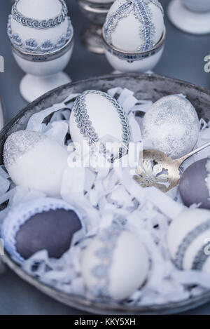 Les oeufs de pâques, gris, dentelle, étamé, détail, Close up, Banque D'Images