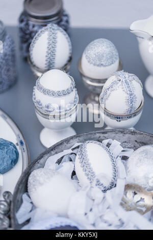 Les oeufs de pâques, gris, dentelle, étamé, détail, Close up, Banque D'Images