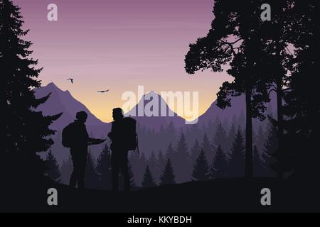 Deux touristes marche à travers un paysage de montagne avec une forêt à la recherche d'un chemin dans le plan sous un ciel du matin à l'aube - vector Illustration de Vecteur