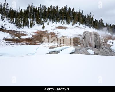 La neige recouvre le Lone Star geyser au parc national de Yellowstone en hiver Le 19 janvier 2017 dans le Wyoming. (Photo de Diane renkin via planetpix) Banque D'Images