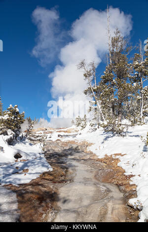 Snow entoure un canal d'écoulement à steamboat geyser dans le norris geyser basin dans le parc national de Yellowstone en hiver 7 novembre 2017 dans le Wyoming. (Photo de jacob w. Frank via planetpix) Banque D'Images