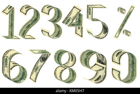 Nombre et  % de dollars. Tous les billets différents. Isolated on white Banque D'Images