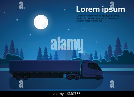 Camion semi remorque avec une conduite sur le paysage naturel de nuit bannière avec copie espace Illustration de Vecteur