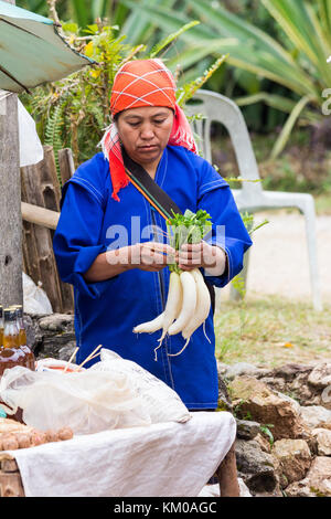 Hilltribe Hmong femme vendant des légumes sur la rue du marché, Doi Mae Salong, Chiang Rai, Thaïlande Banque D'Images